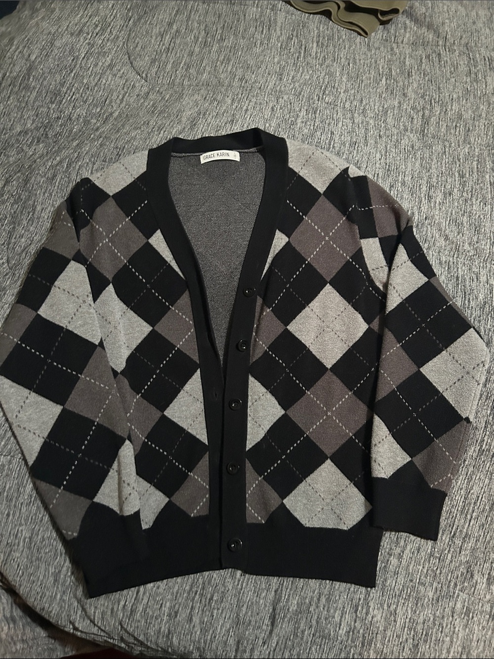 Grace Karin Men's Black & Gray Argyle Knit Cardigan